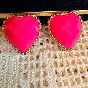 Vibrant Pink Heart Earrings with Gold Trim - Vintage Clip Ons